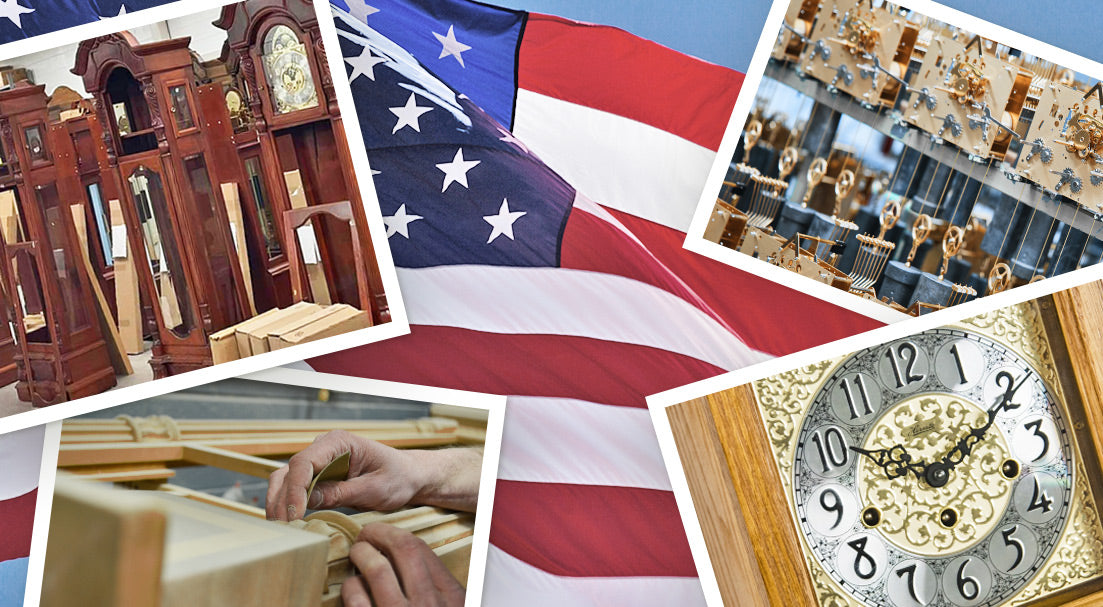 Collage of Hermle North America's clock-making manufacturing and clock movement distribution.