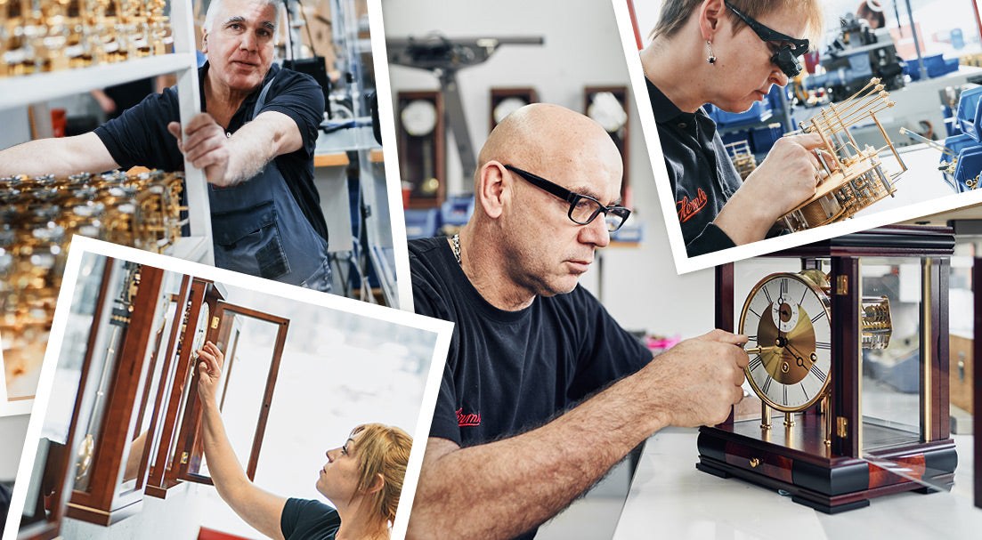 Collage of Hermle's German employees working in the clock-making process.