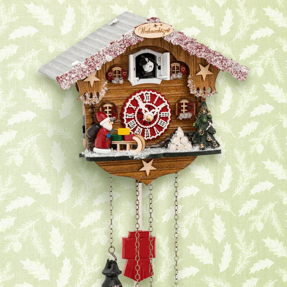 Decorative Christmas themed cuckoo clock with wooden house design on a holiday background