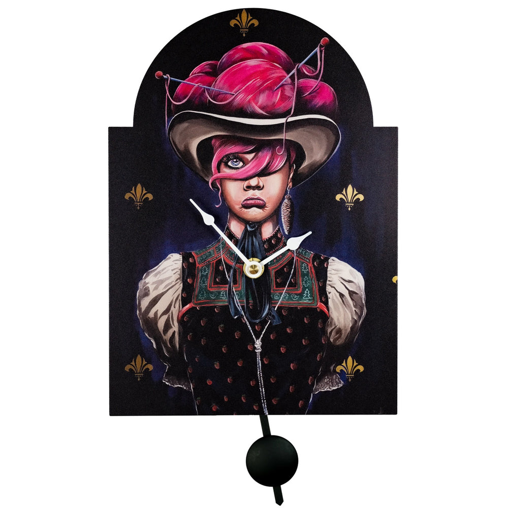 Fantasy cuckoo clock with picture of woman on face of clock. Product title: Wren