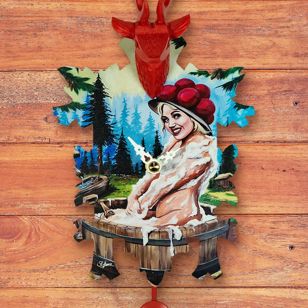 Decorative faux cuckoo  clock with a reindeer and scenic design with German woman on a wood wall background