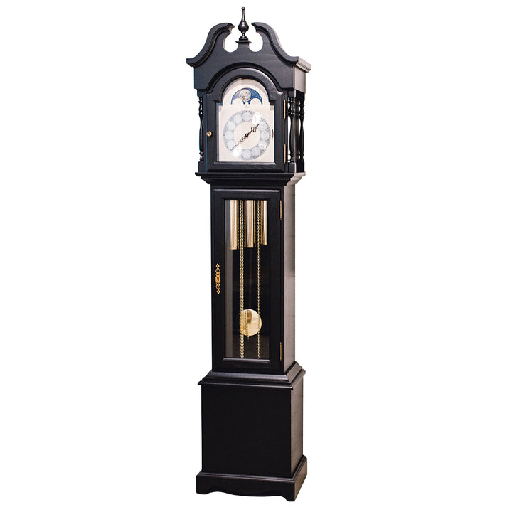 Black Hermle grandfather clock with pendulum on a white background