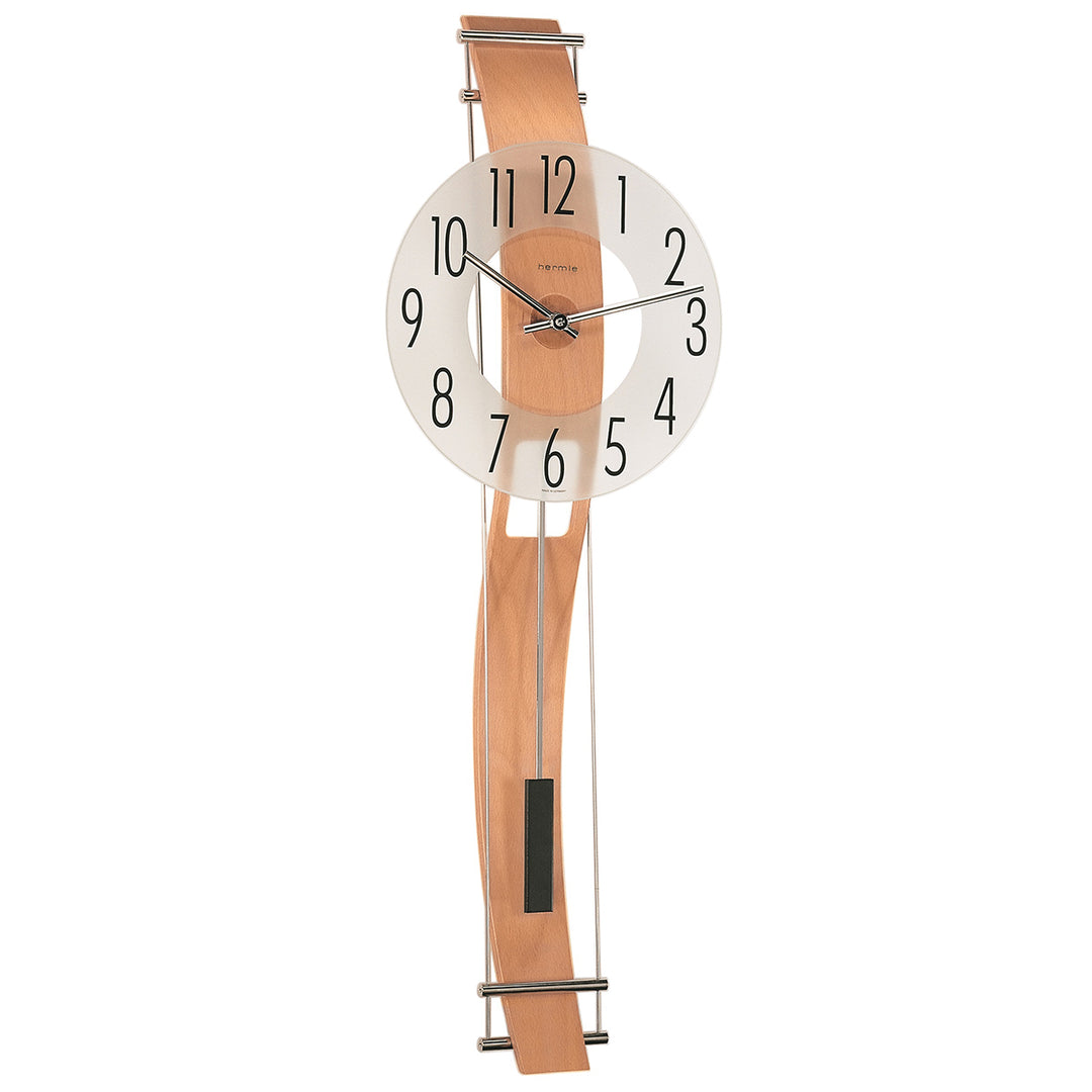 Modern wooden wall clock with a translucent face on a white background
