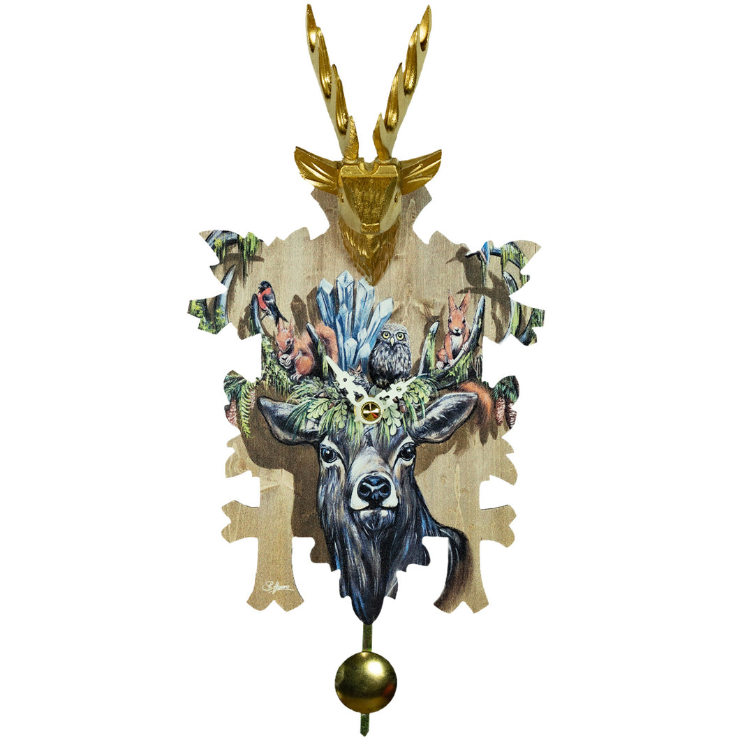 Decorative wall clock with deer head and gold antlers on a white background