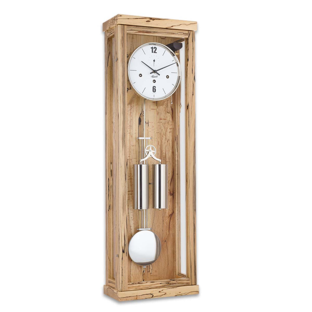light beech wood wall clock with dual weights and pendulum on a white background