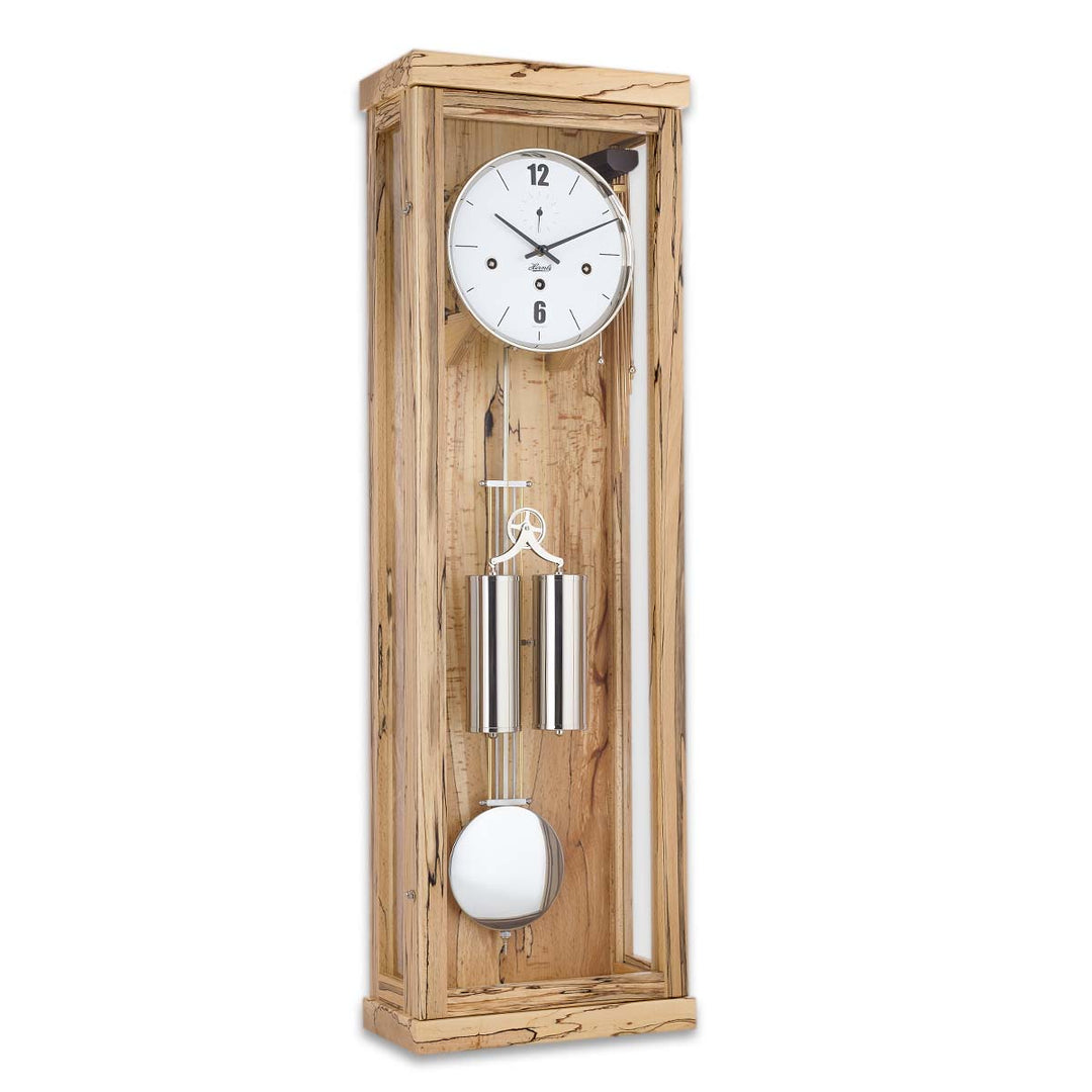 light beech wood wall clock with dual weights and pendulum on a white background