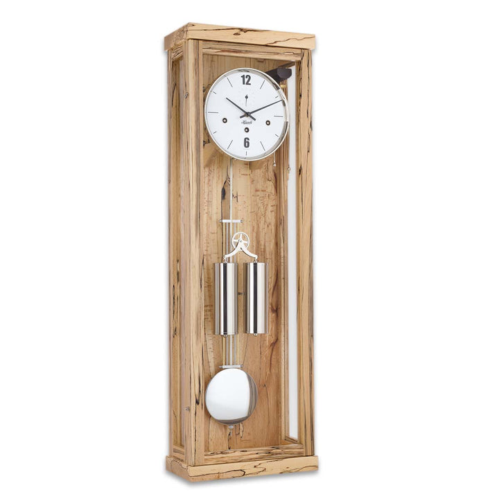 light beech wood wall clock with dual weights and pendulum on a white background
