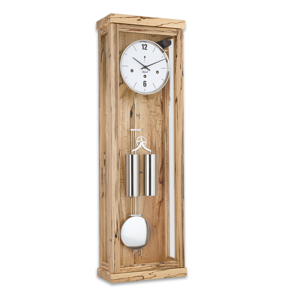 light beech wood wall clock with dual weights and pendulum on a white background