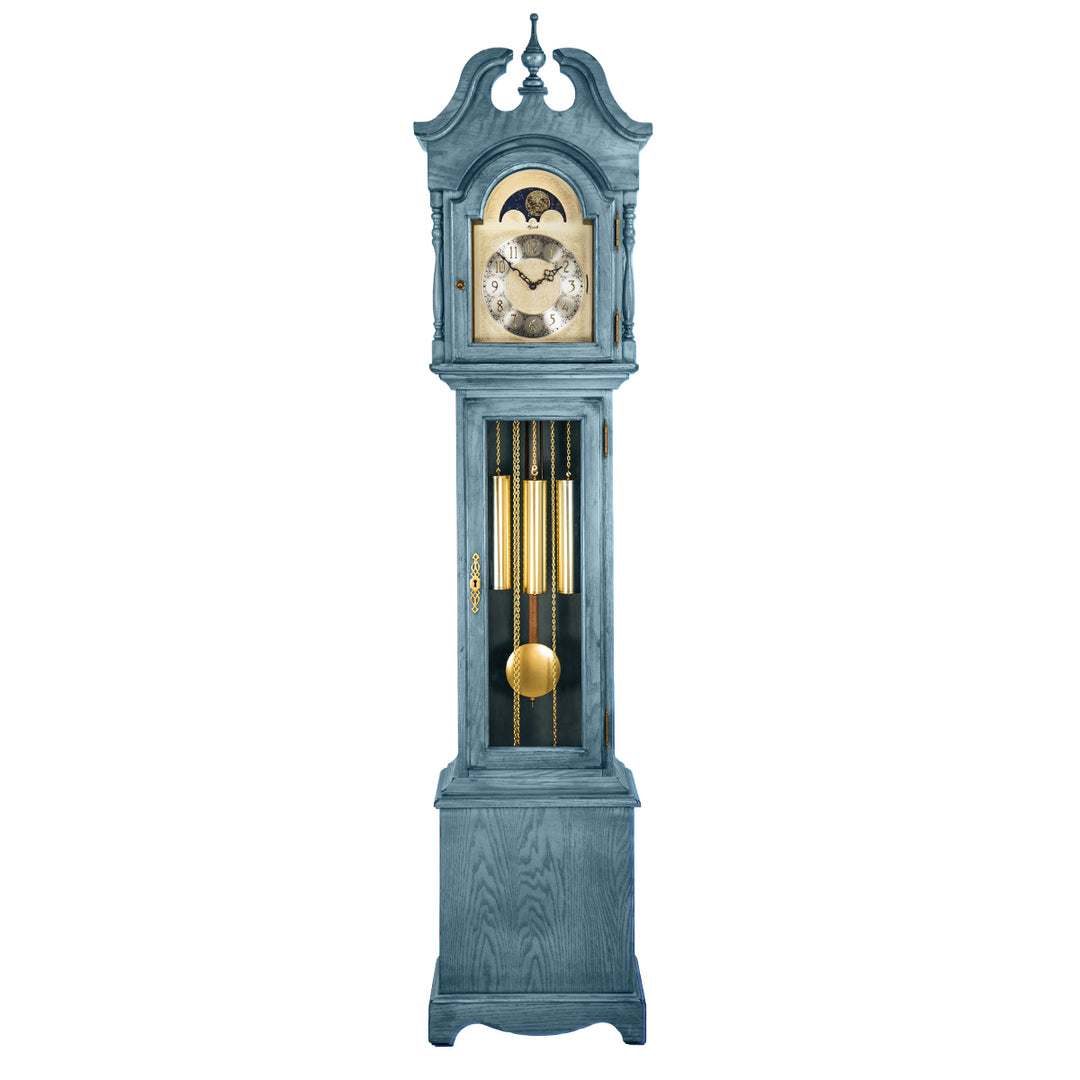 Blue finish wood Grandmother clock with brass highlights and silver face on white 