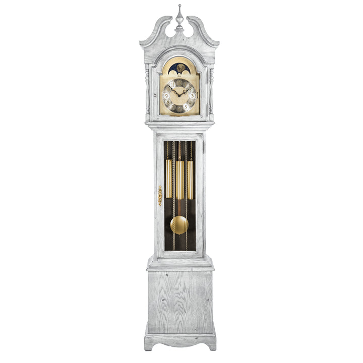 White finish wood Grandmother clock with brass highlights and silver face on white 