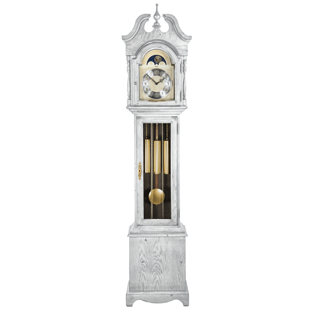 White finish wood Grandmother clock with brass highlights and silver face on white 