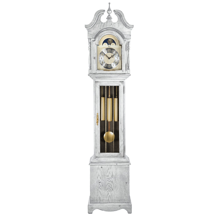 White finish wood Grandmother clock with brass highlights and silver face on white 