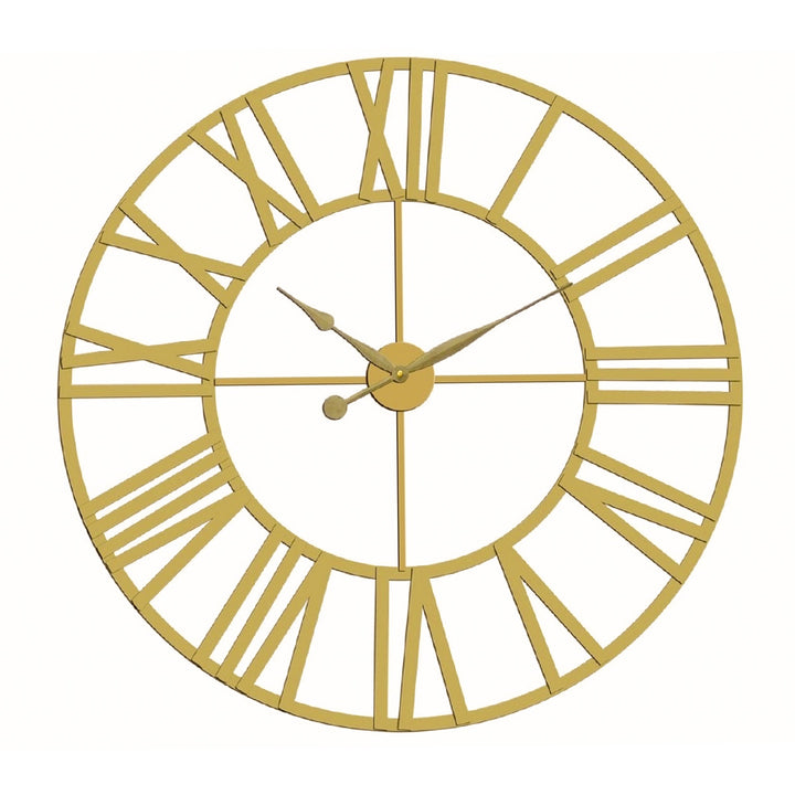 Roman numeral wall clock with airy design on white background.