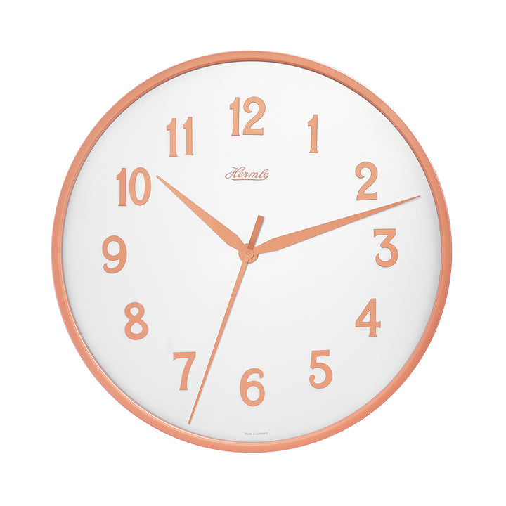 Wall clock with white face and gold numbers with Hermle logo on white background.