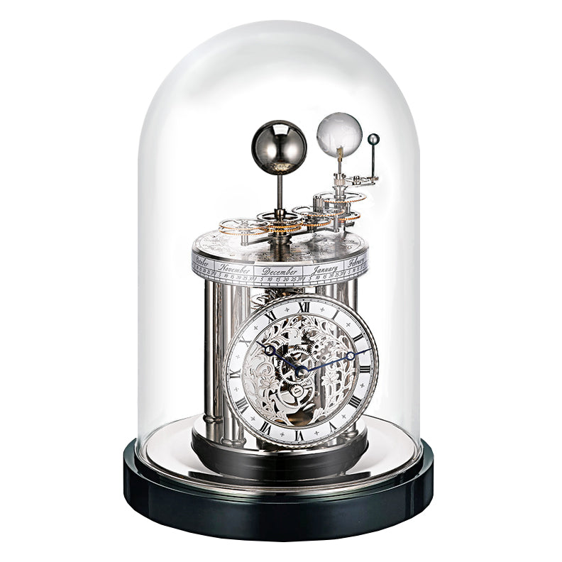 Astrolabium clock with celestial features and calendar in black and nickel on white background