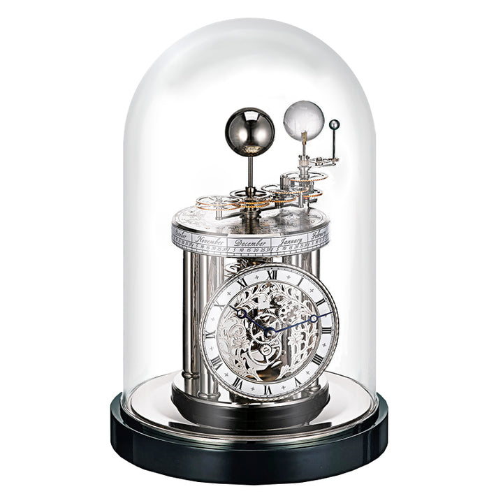 Astrolabium clock with celestial features and calendar in black and nickel on white background