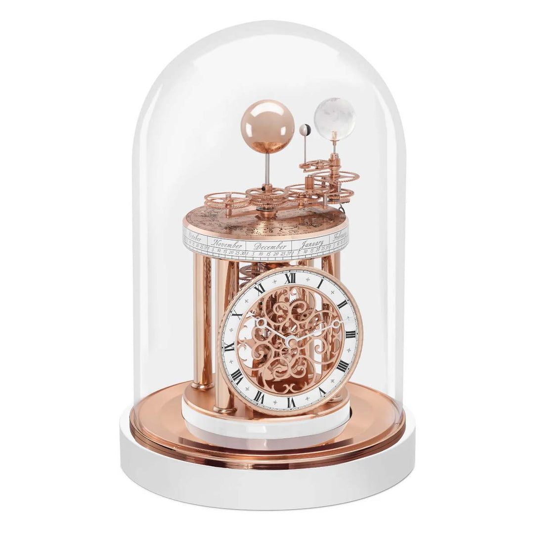 Rose Gold Astrolabium with intricate face and gears on white backdrop 