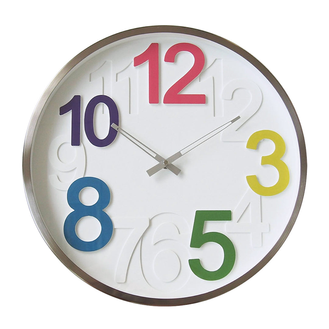 Wall clock with large colorful numbers, and silver hands on white background.