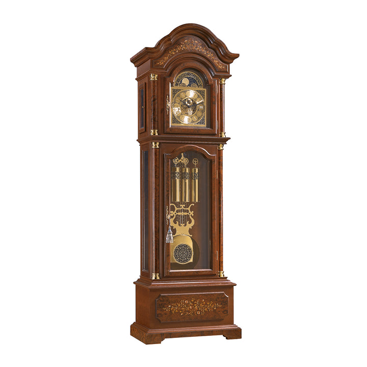 Ornate wooden grandfather clock with brass highlights and intricate flower inlay