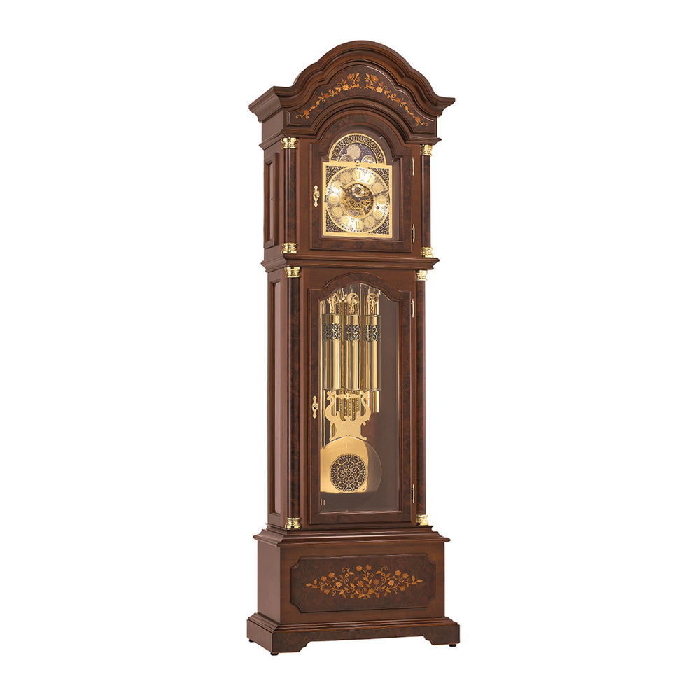 Ornate wooden grandfather clock with brass highlights, tubular bells and intricate flower inlay