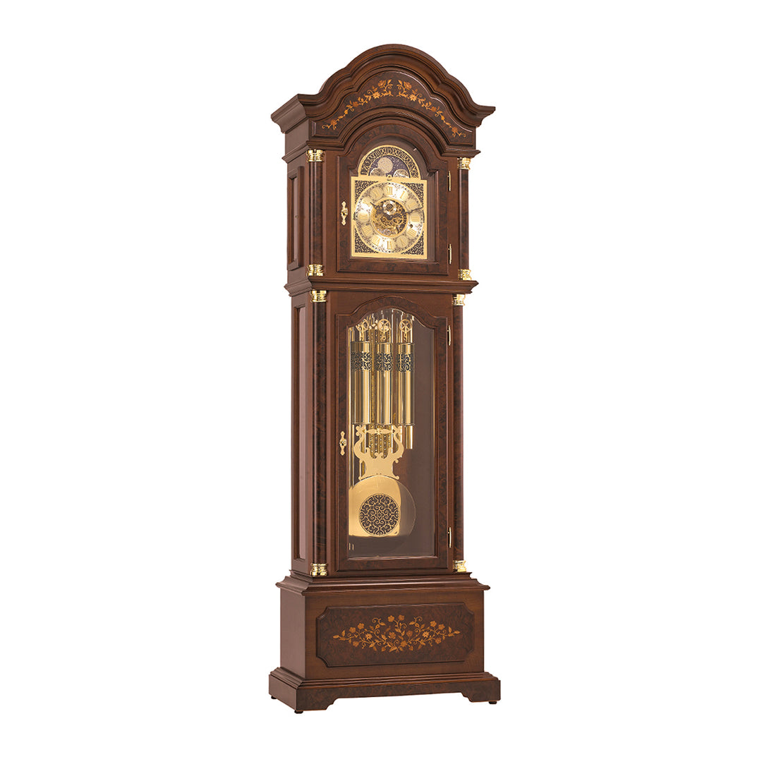 Ornate wooden grandfather clock with brass highlights, tubular bells and intricate flower inlay