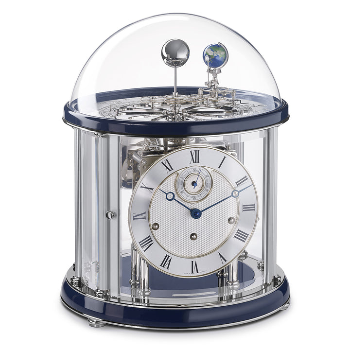 Blue and nickel Tellurium clock with glass dome and nickel plated mechanical gears visible.