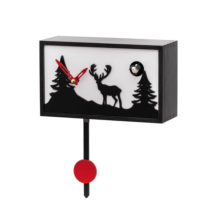 Black and white cuckoo clock with silhouette of a deer and red hands on white background. 