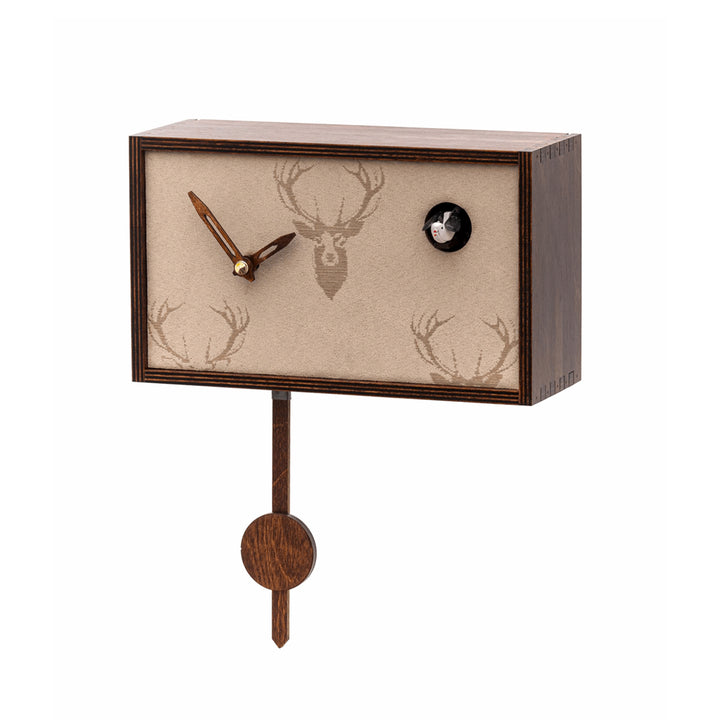 Brown cuckoo clock with Deer pattern tan face and brown hands on white background.