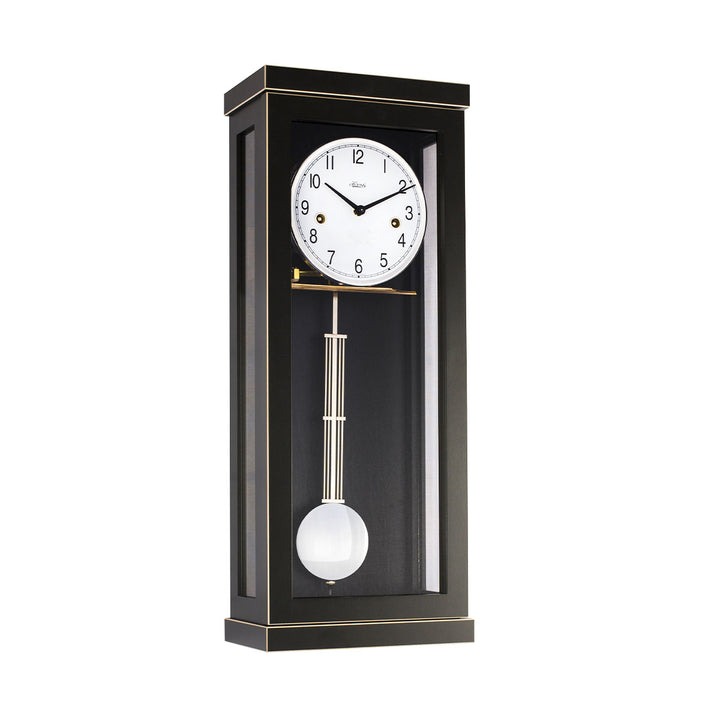 Black wall clock with white face and silver trim