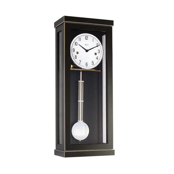 Black wall clock with white face and silver trim