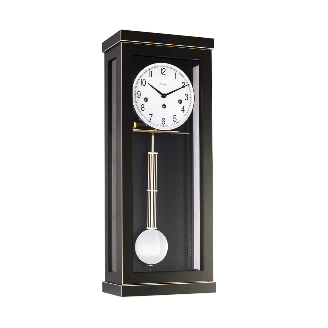 Black wall clock with white face and silver trim