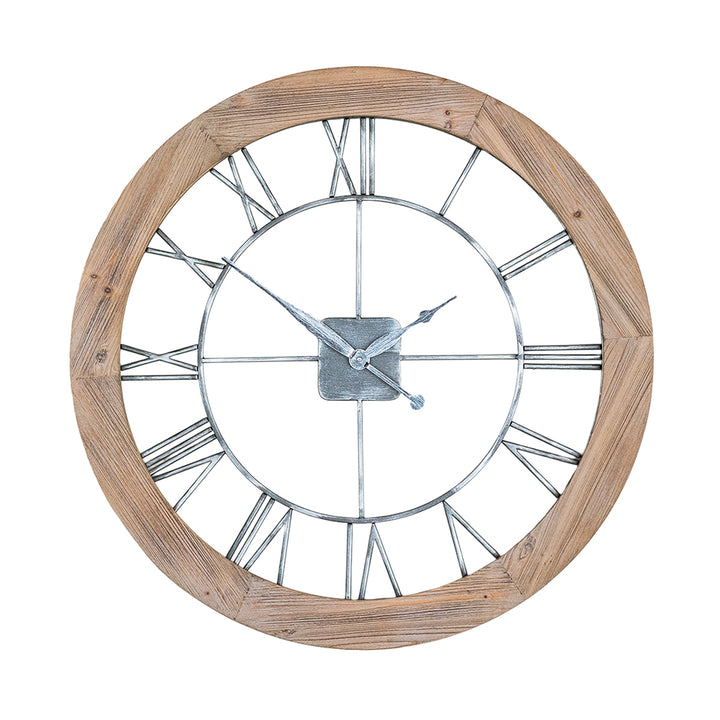 Wooden wall clock with metal framework roman numeral face and metal hands on white background.