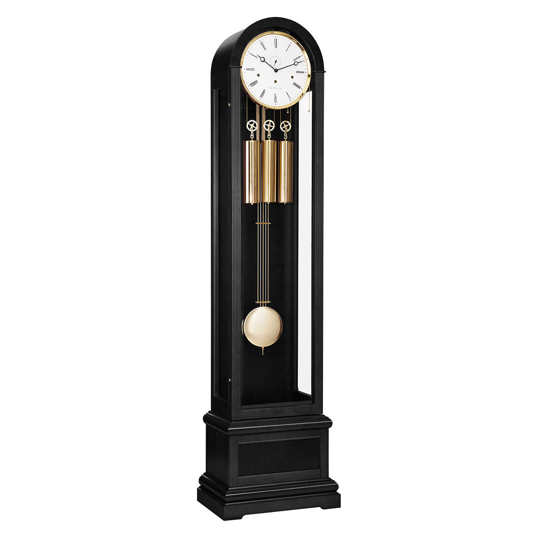 Black Grandfather clock with brass weights and white face on white background