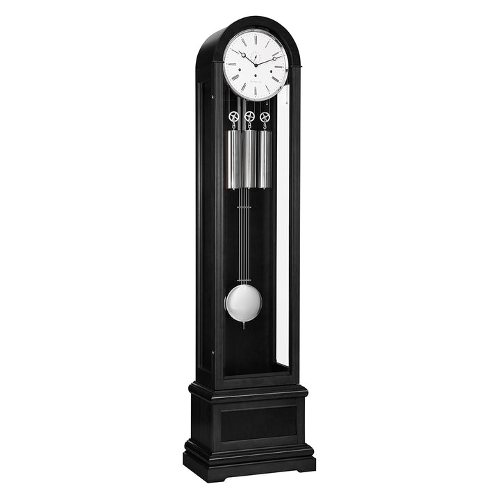 Black Grandfather clock with nickel weights and white face on white background