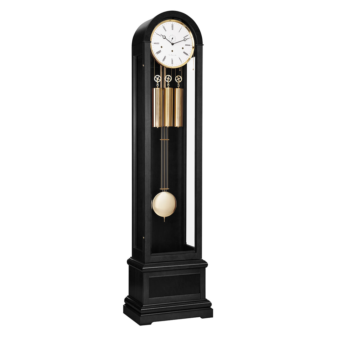 Black Grandfather clock with brass weights and white face on white background