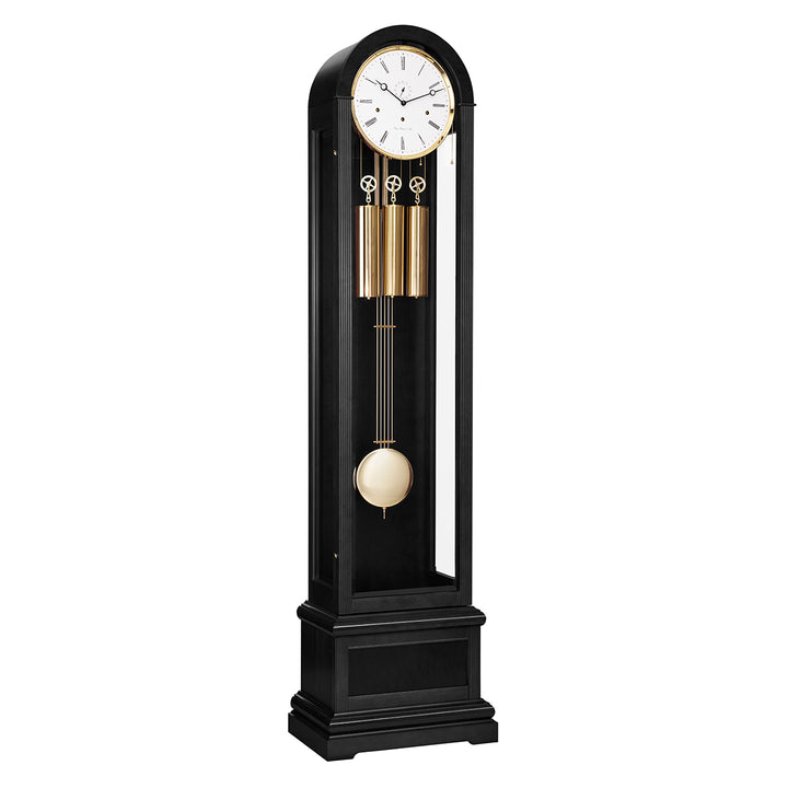 Black Grandfather clock with brass weights and white face on white background