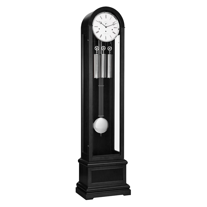 Black Grandfather clock with nickel weights and white face on white background