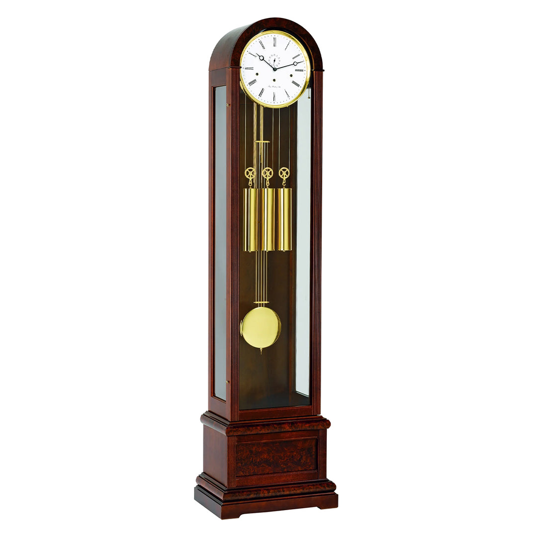 Mahogany Grandfather clock with brass weights and white face on white background