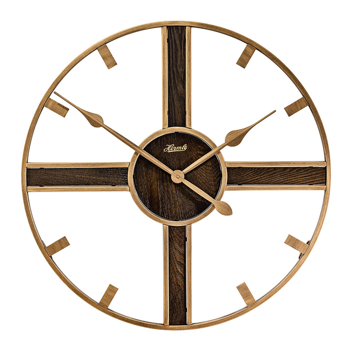 Rustic clock with open design and Hermle logo on white background.