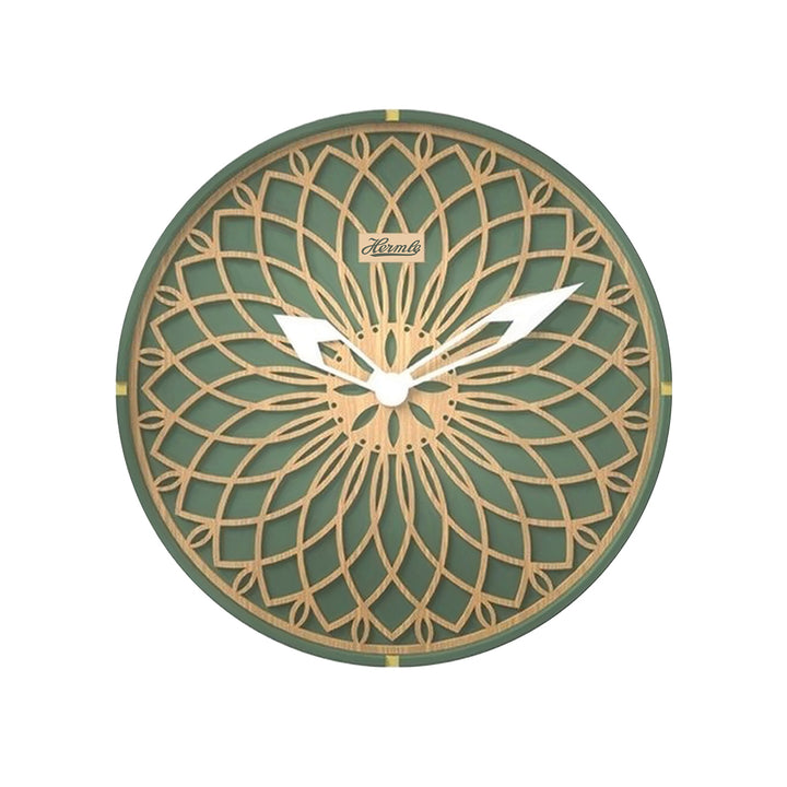 Green and wood toned wall clock with white hands on white background.