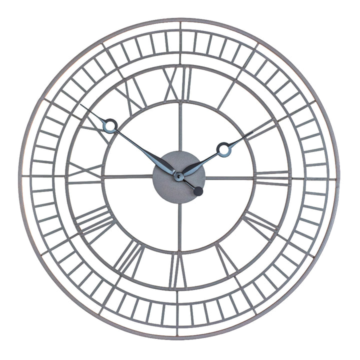 Metal framework wall clock with roman numerals and black hands on white background.