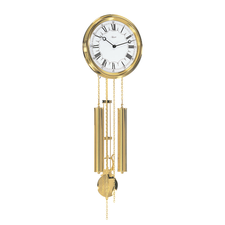 Ornate gold finish wall clock with roman numeral face and pendulum hanging below.