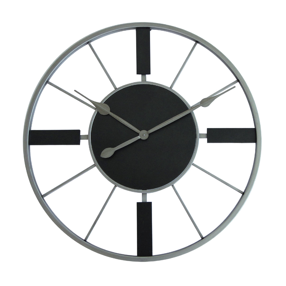 Black and metal minimalist clock with framework design on white background.