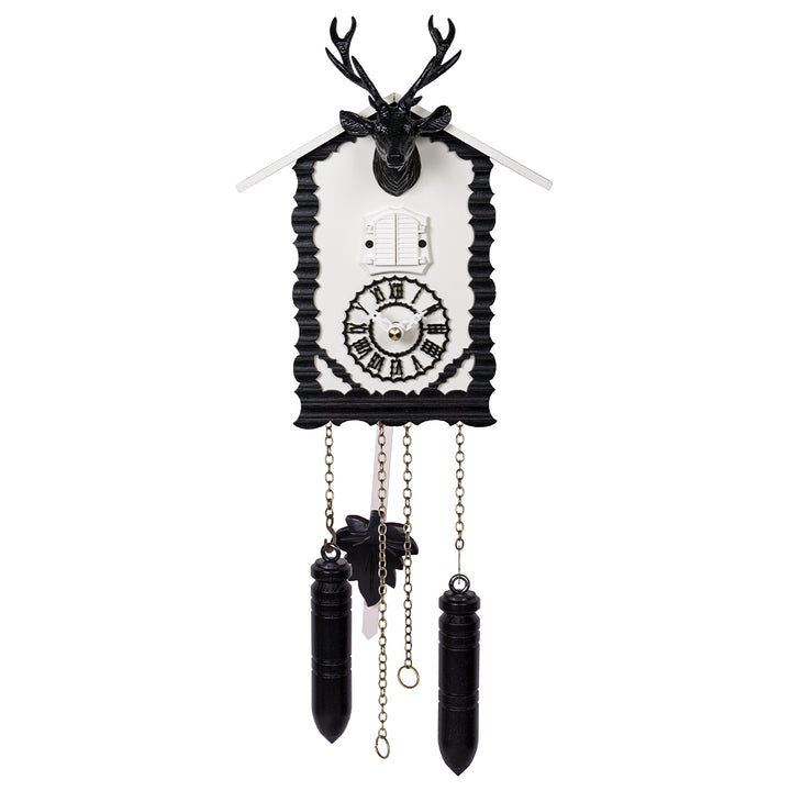 Front view of black and white cuckoo clock with roman numeral face