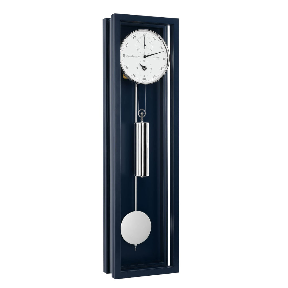 Blue wall clock with pendulum on a white background