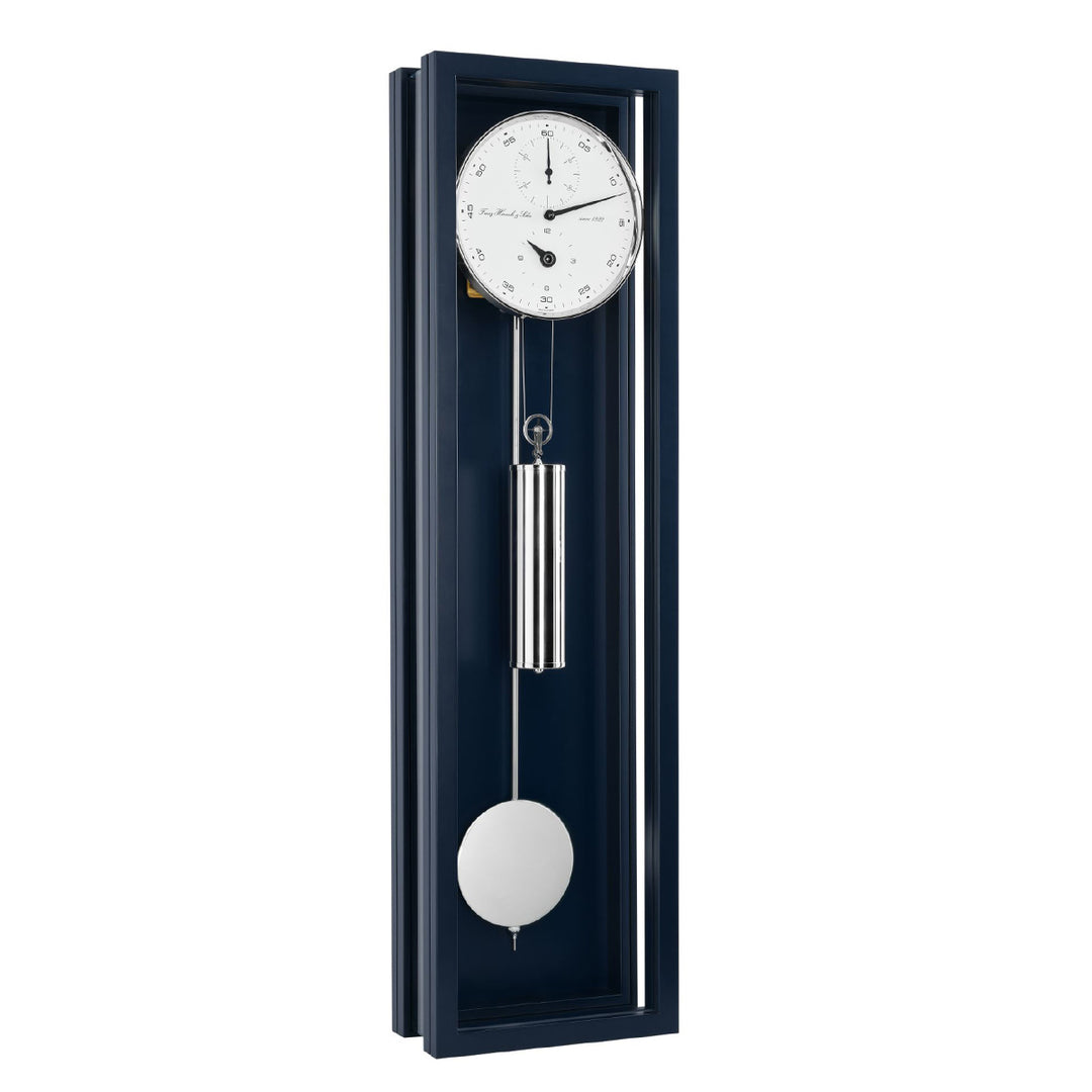 Blue wall clock with pendulum on a white background