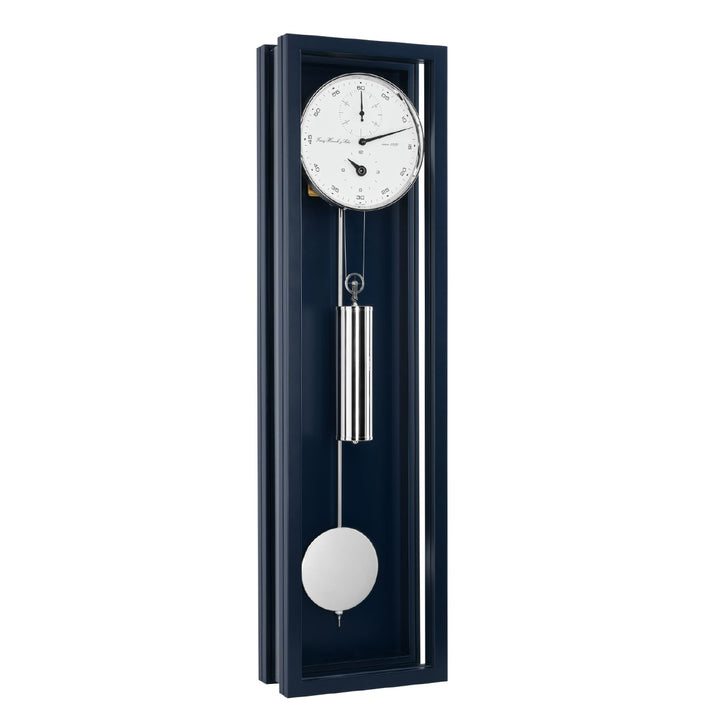 Blue wall clock with pendulum on a white background