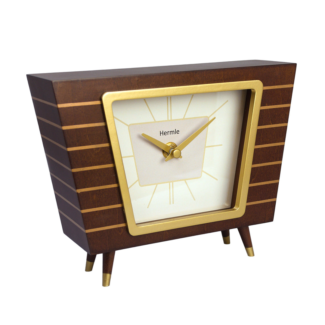 Retro style wood desk clock with brass highlights on white background.