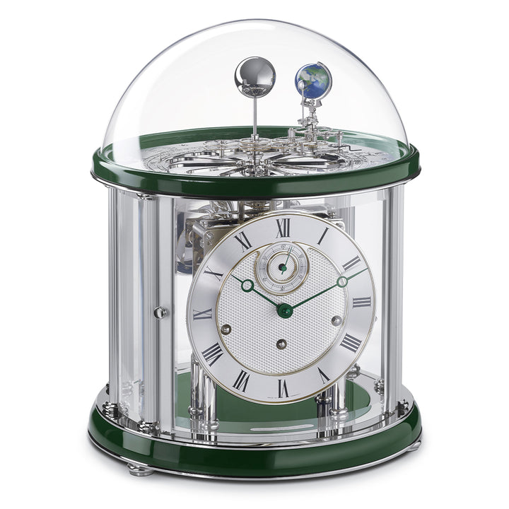 Green and nickel Tellurium clock with glass dome and nickel plated mechanical gears visible.