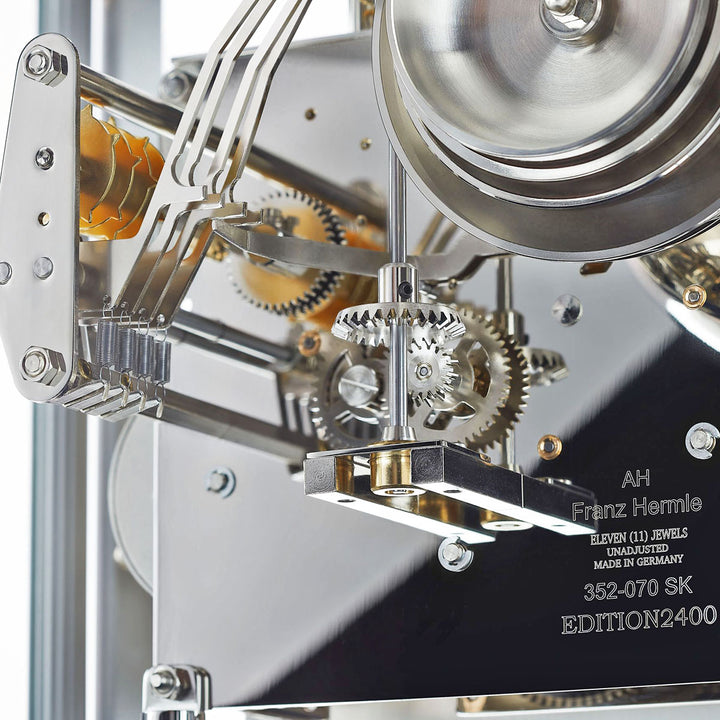 Close-up of nickel clock movement of the Chigwell by Hermle